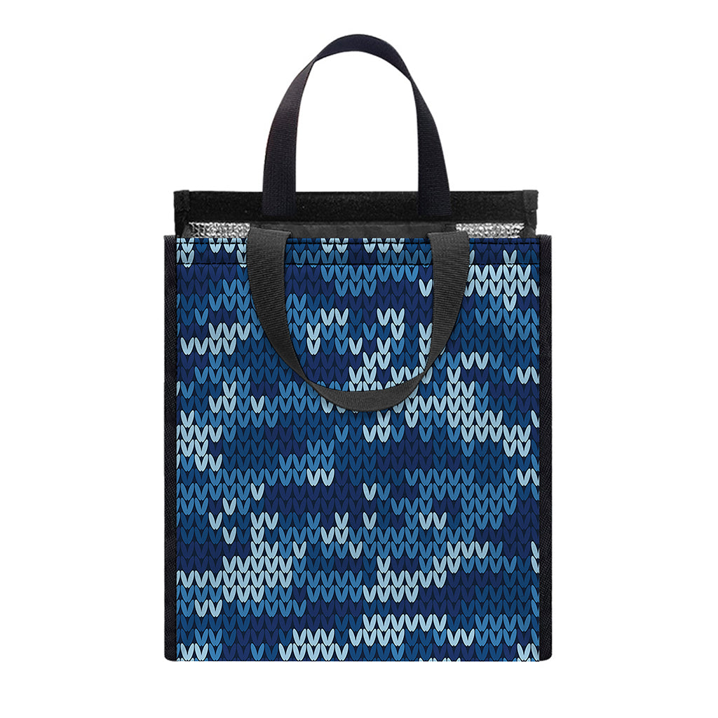 Blue Camouflage Knitted Pattern Print Insulated Lunch Tote