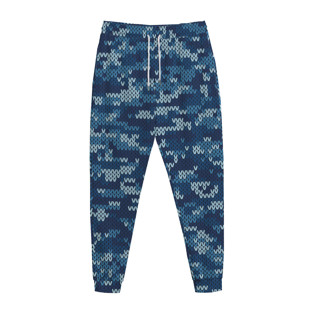 Blue Camouflage Knitted Pattern Print Jogger Pants