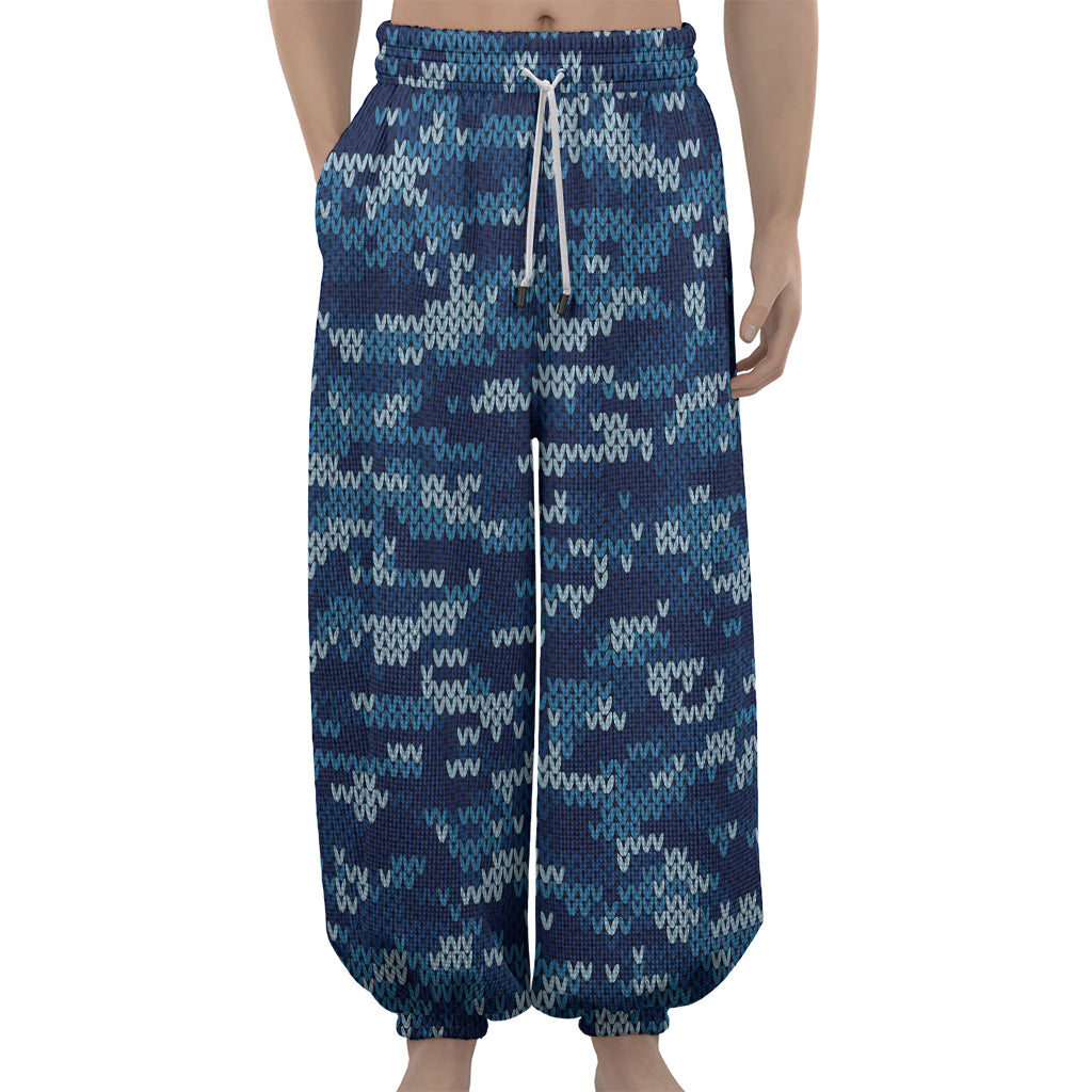 Blue Camouflage Knitted Pattern Print Lantern Pants