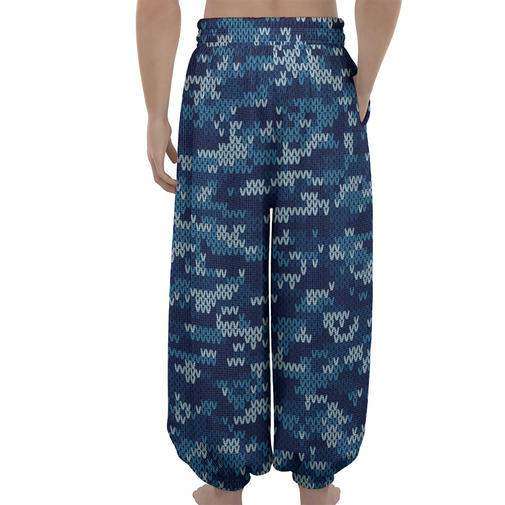 Blue Camouflage Knitted Pattern Print Lantern Pants