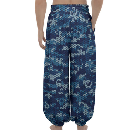 Blue Camouflage Knitted Pattern Print Lantern Pants