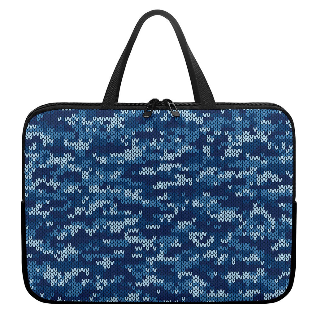 Blue Camouflage Knitted Pattern Print Laptop Sleeve With Handle