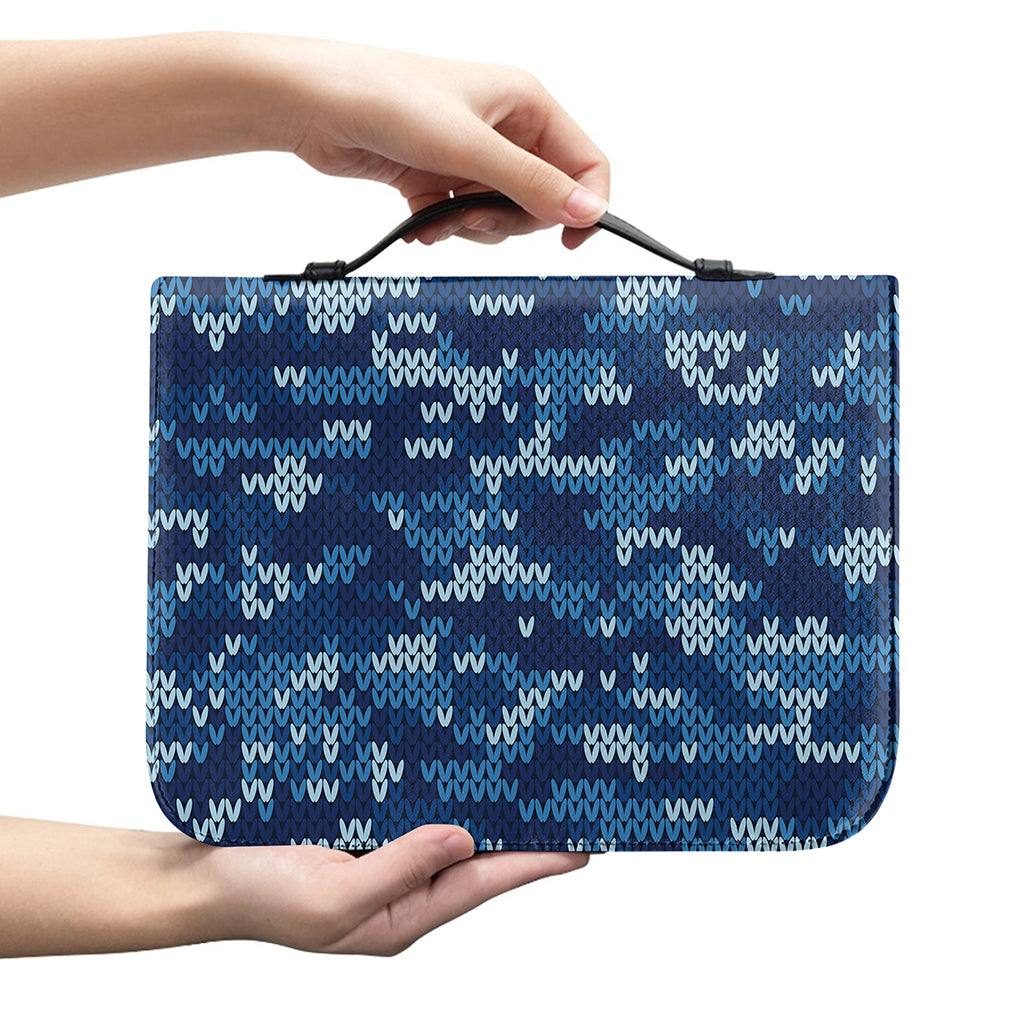 Blue Camouflage Knitted Pattern Print Leather Bible Cover