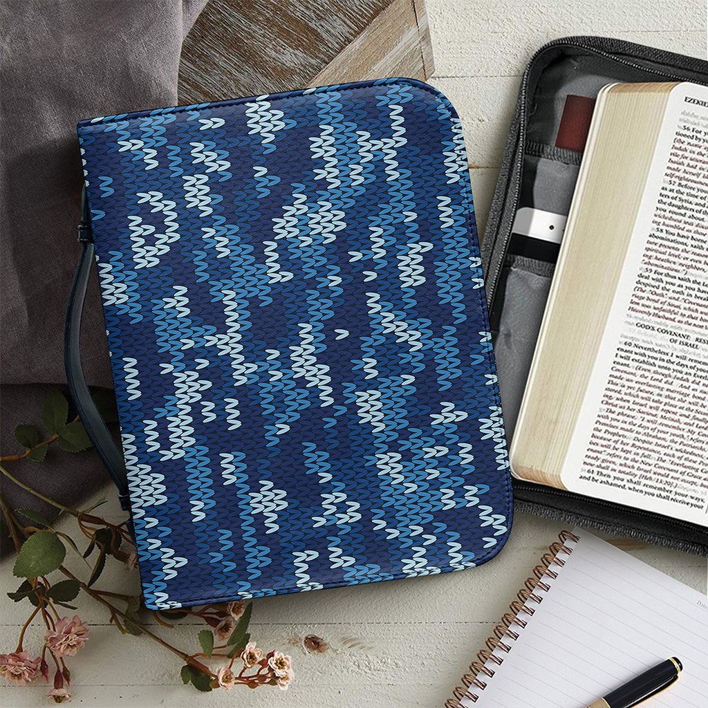 Blue Camouflage Knitted Pattern Print Leather Bible Cover