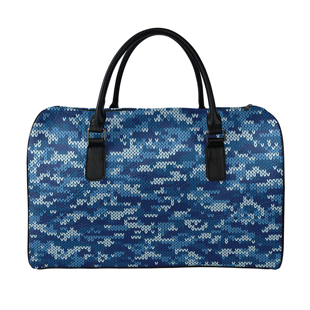 Blue Camouflage Knitted Pattern Print Leather Duffle Bag
