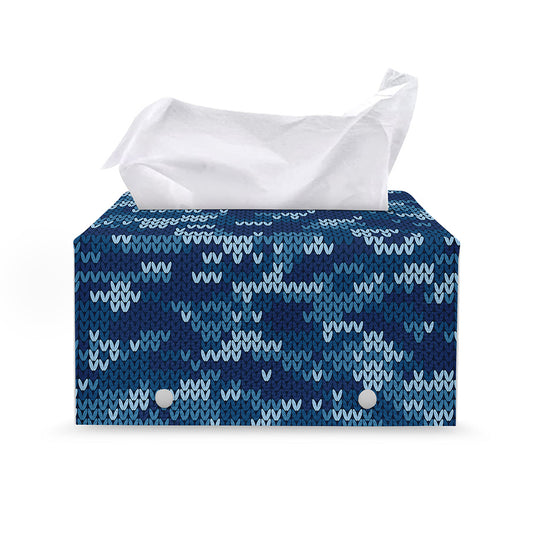 Blue Camouflage Knitted Pattern Print Leather Tissue Box Cover