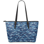 Blue Camouflage Knitted Pattern Print Leather Tote Bag