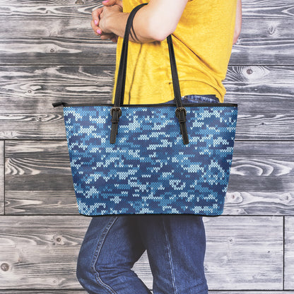 Blue Camouflage Knitted Pattern Print Leather Tote Bag