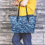 Blue Camouflage Knitted Pattern Print Leather Tote Bag