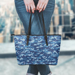 Blue Camouflage Knitted Pattern Print Leather Tote Bag