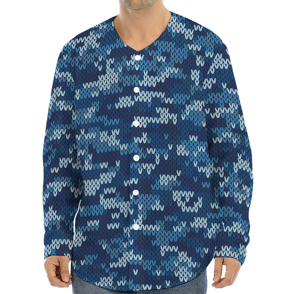 Blue Camouflage Knitted Pattern Print Long Sleeve Baseball Jersey