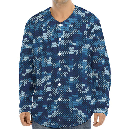 Blue Camouflage Knitted Pattern Print Long Sleeve Baseball Jersey