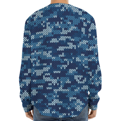 Blue Camouflage Knitted Pattern Print Long Sleeve Baseball Jersey