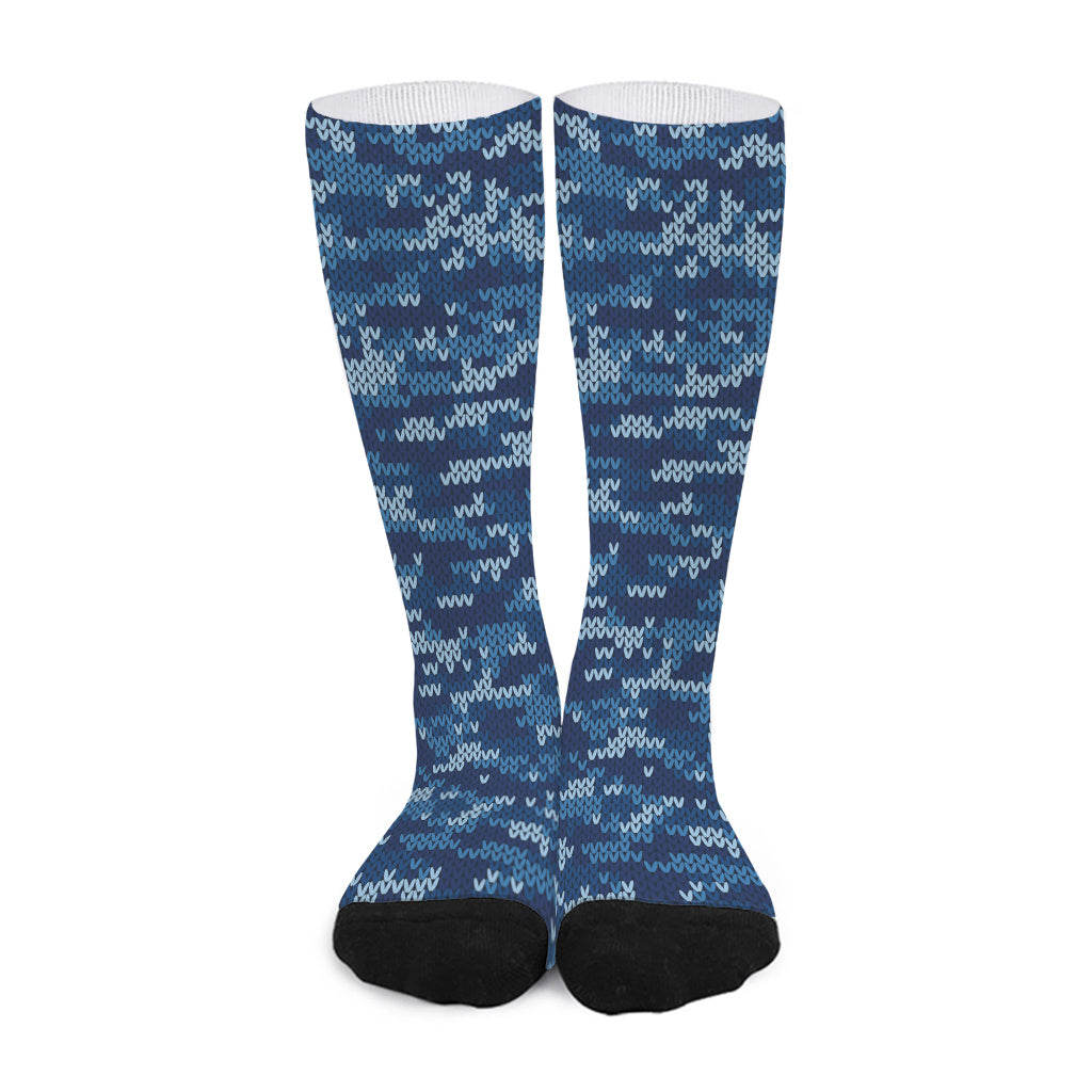 Blue Camouflage Knitted Pattern Print Long Socks