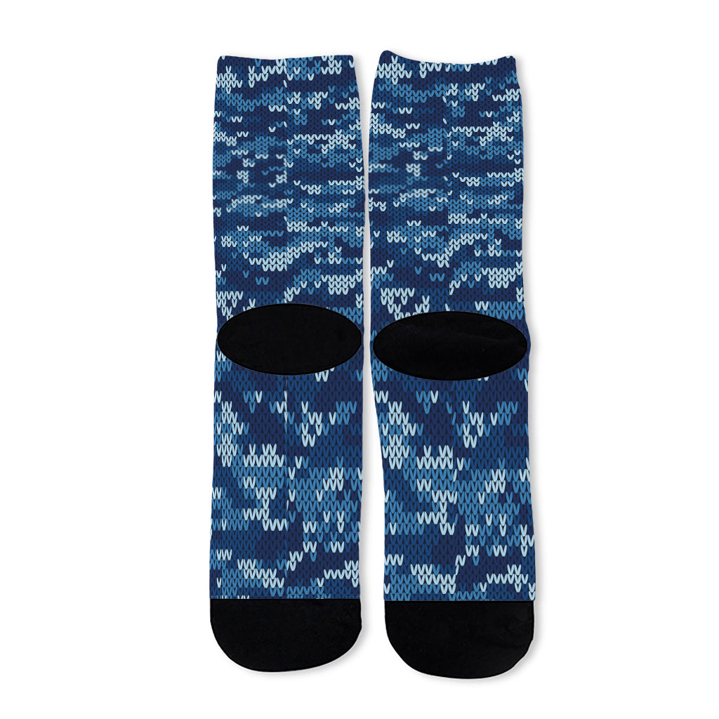 Blue Camouflage Knitted Pattern Print Long Socks