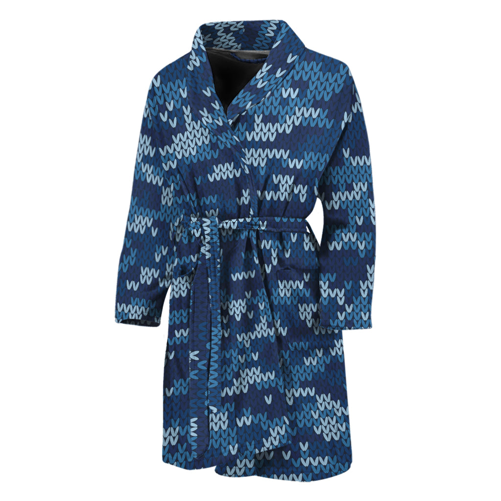 Blue Camouflage Knitted Pattern Print Men's Bathrobe