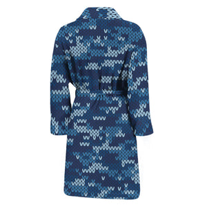 Blue Camouflage Knitted Pattern Print Men's Bathrobe