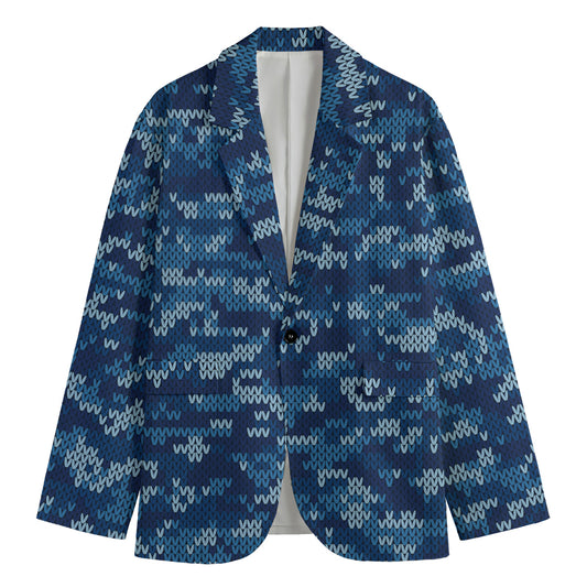 Blue Camouflage Knitted Pattern Print Men's Blazer