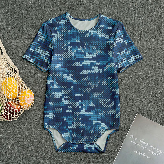 Blue Camouflage Knitted Pattern Print Men's Bodysuit