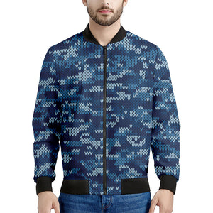 Blue Camouflage Knitted Pattern Print Men's Bomber Jacket