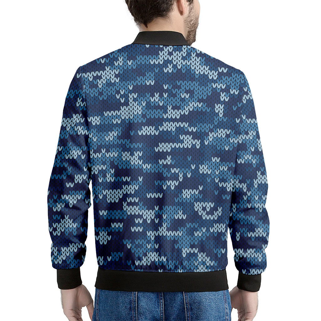 Blue Camouflage Knitted Pattern Print Men's Bomber Jacket