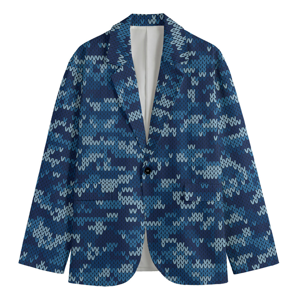 Blue Camouflage Knitted Pattern Print Men's Cotton Blazer