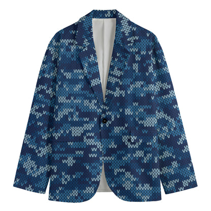 Blue Camouflage Knitted Pattern Print Men's Cotton Blazer