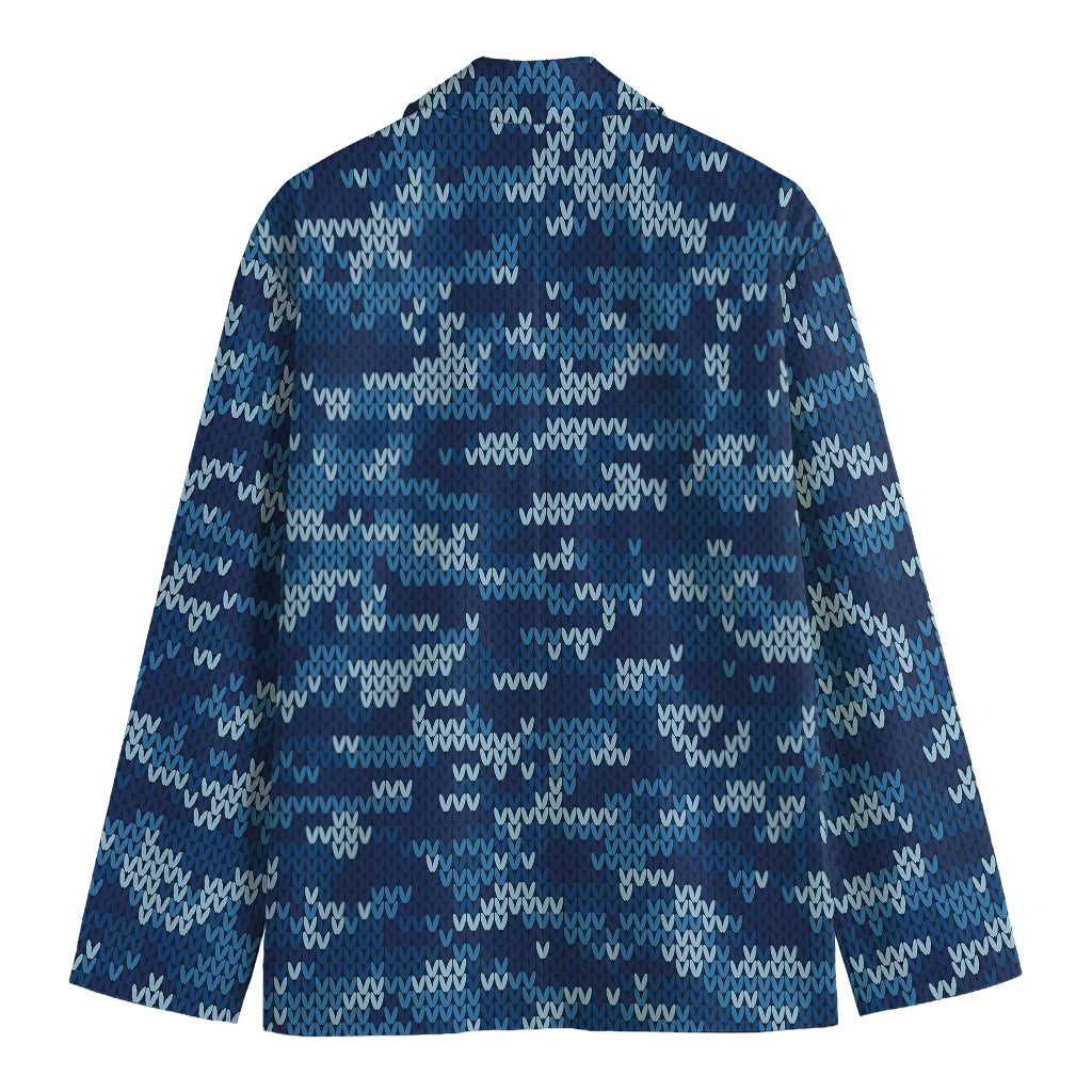 Blue Camouflage Knitted Pattern Print Men's Cotton Blazer