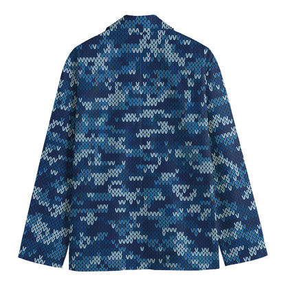 Blue Camouflage Knitted Pattern Print Men's Cotton Blazer