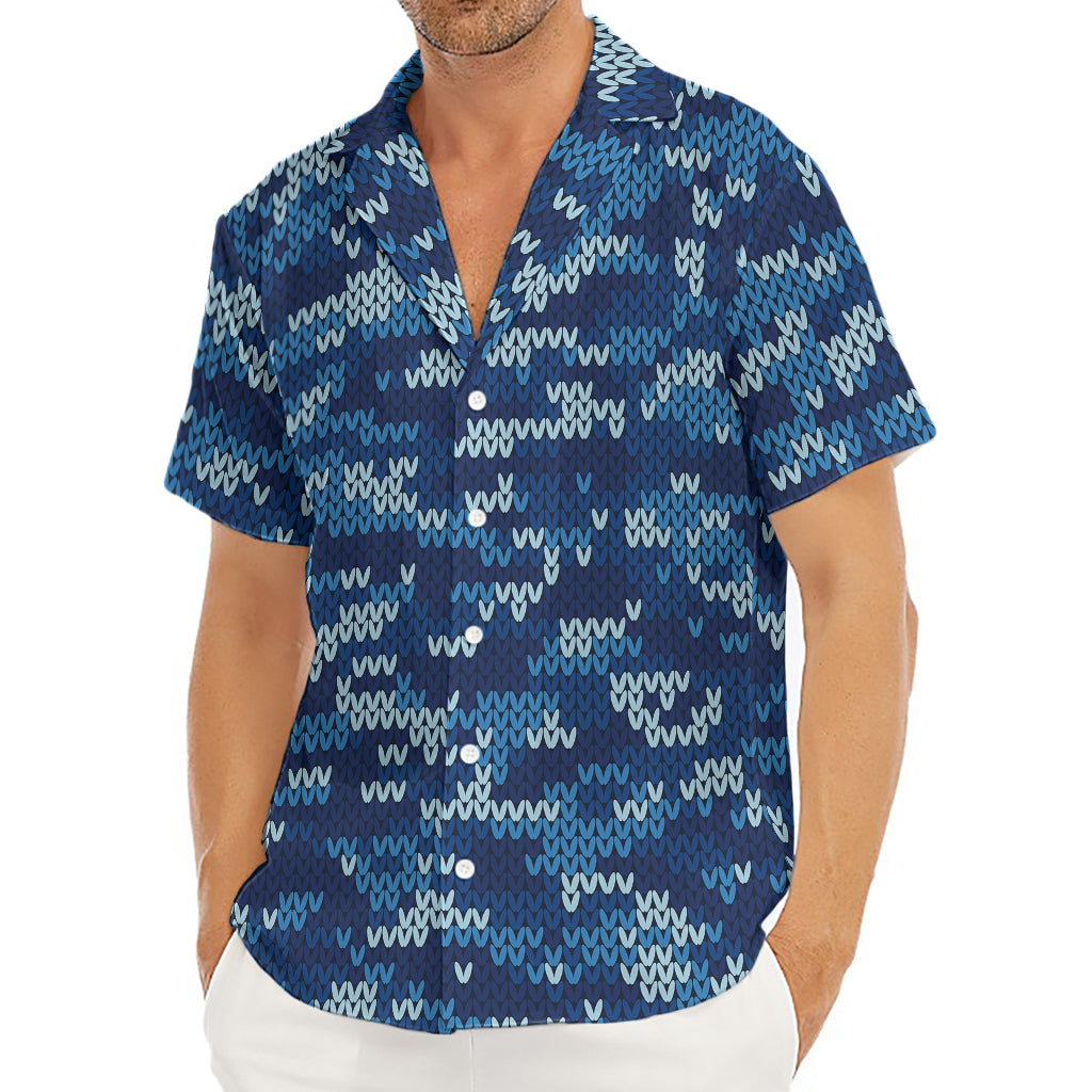 Blue Camouflage Knitted Pattern Print Men's Deep V-Neck Shirt