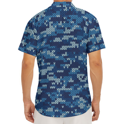 Blue Camouflage Knitted Pattern Print Men's Deep V-Neck Shirt