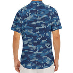Blue Camouflage Knitted Pattern Print Men's Deep V-Neck Shirt