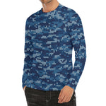 Blue Camouflage Knitted Pattern Print Men's Long Sleeve Rash Guard