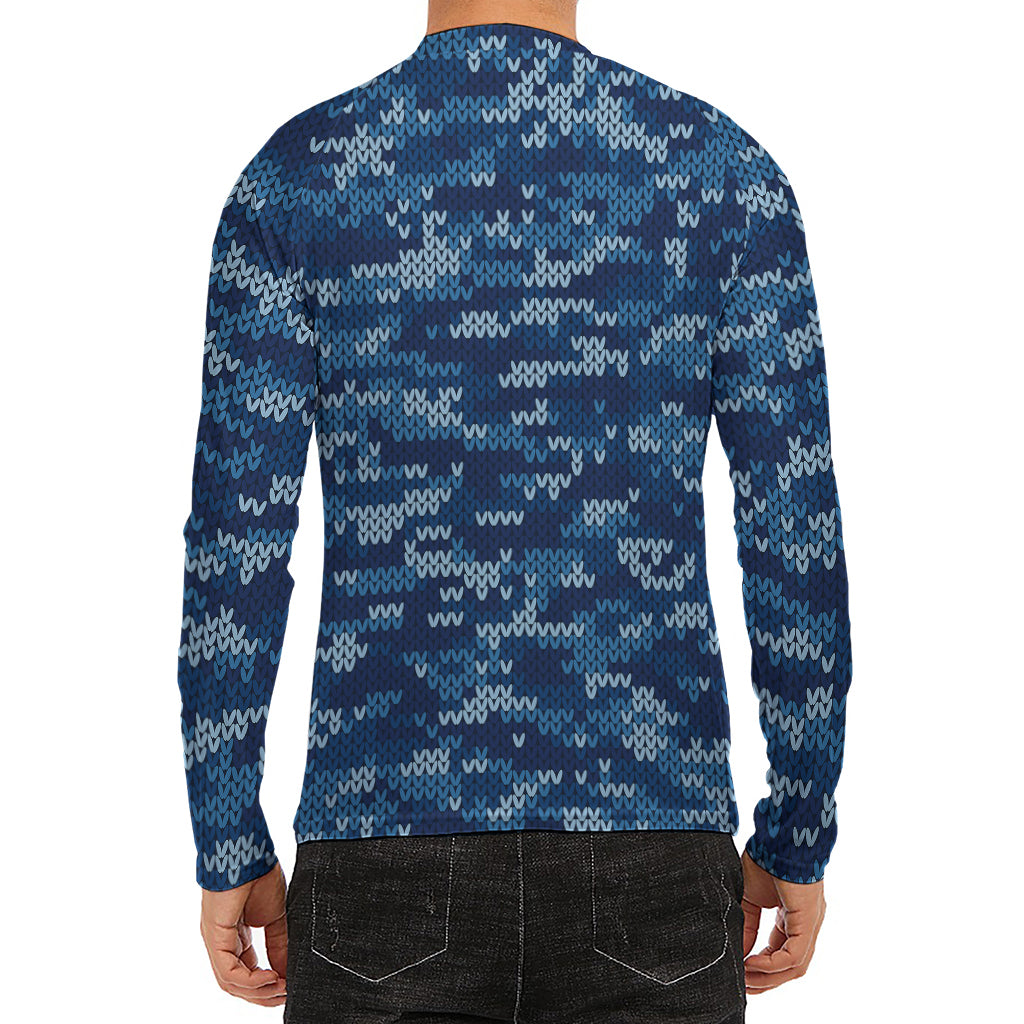 Blue Camouflage Knitted Pattern Print Men's Long Sleeve Rash Guard