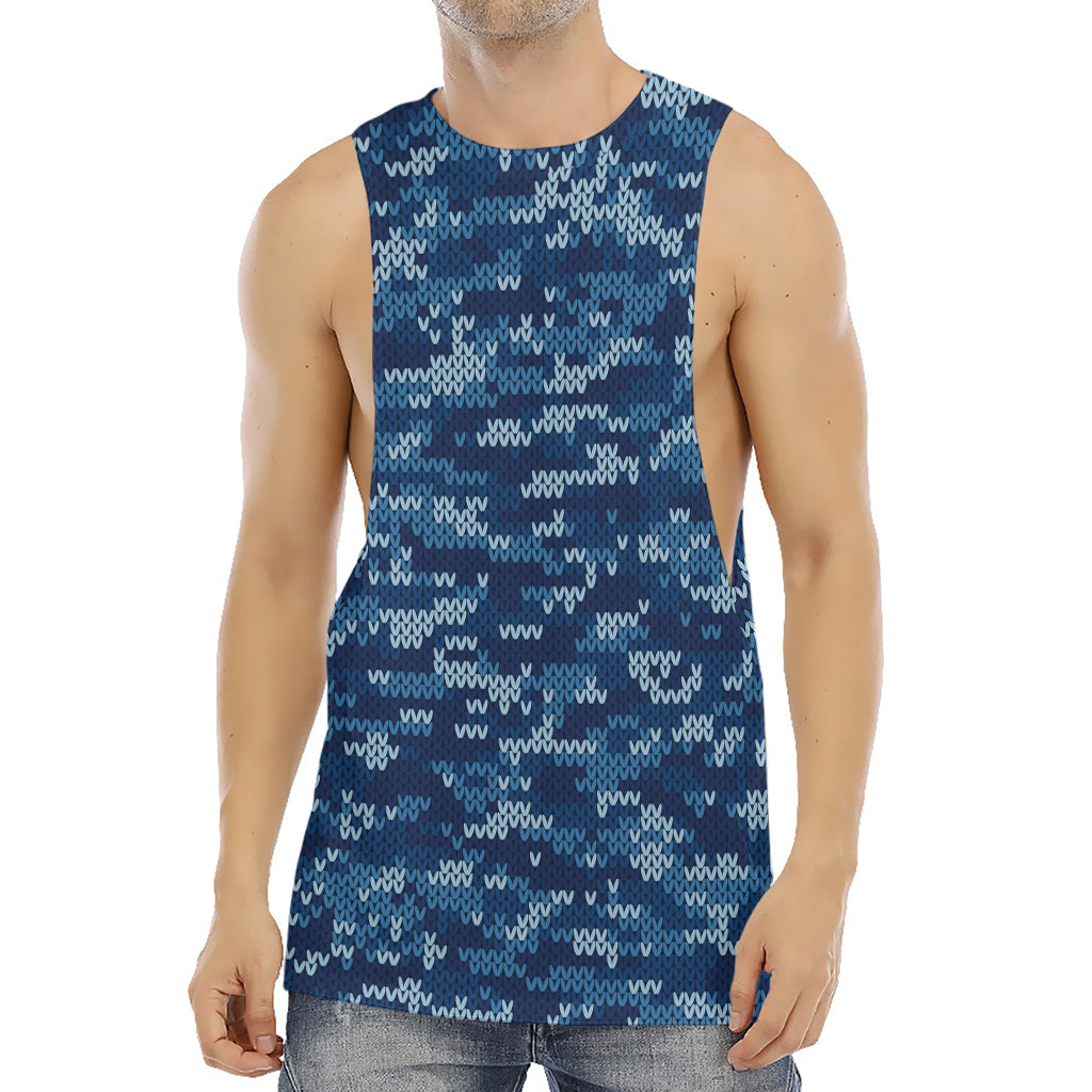 Blue Camouflage Knitted Pattern Print Men's Muscle Tank Top