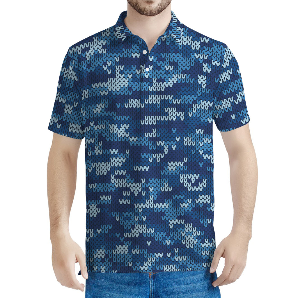 Blue Camouflage Knitted Pattern Print Men's Polo Shirt