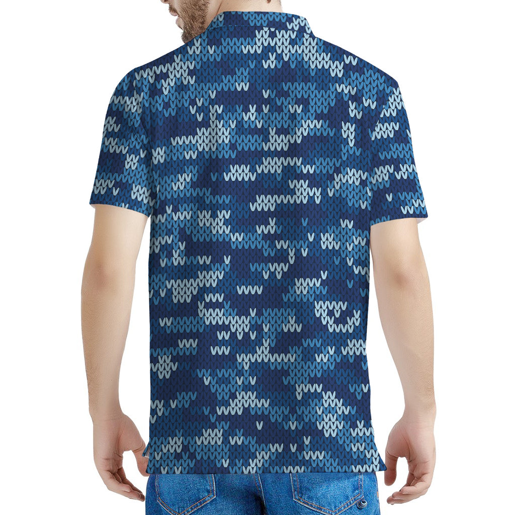 Blue Camouflage Knitted Pattern Print Men's Polo Shirt