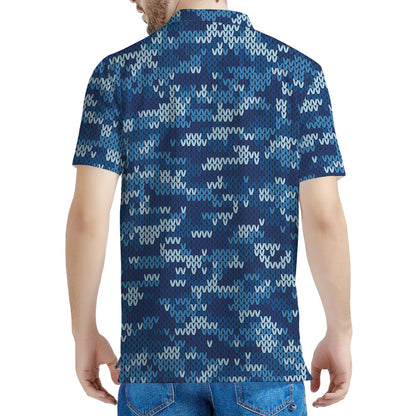 Blue Camouflage Knitted Pattern Print Men's Polo Shirt