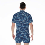 Blue Camouflage Knitted Pattern Print Men's Rompers
