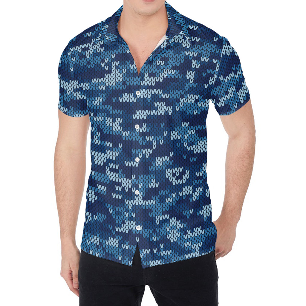 Blue Camouflage Knitted Pattern Print Men's Shirt
