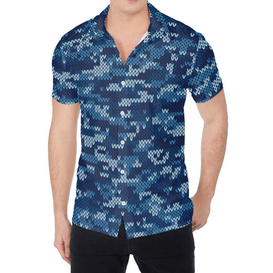 Blue Camouflage Knitted Pattern Print Men's Shirt