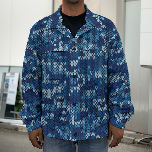 Blue Camouflage Knitted Pattern Print Men's Shirt Jacket