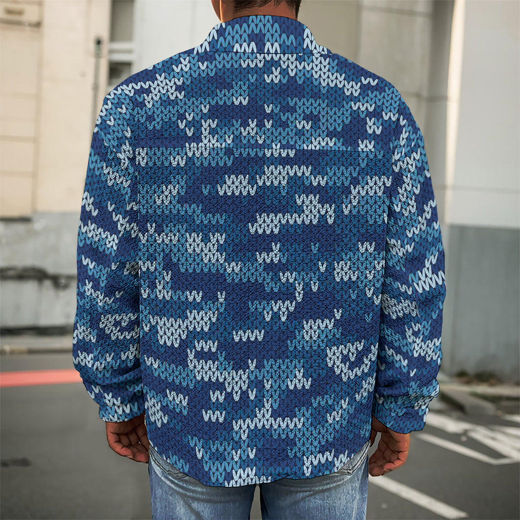 Blue Camouflage Knitted Pattern Print Men's Shirt Jacket