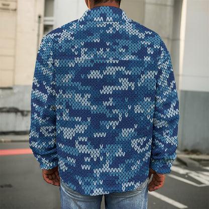 Blue Camouflage Knitted Pattern Print Men's Shirt Jacket