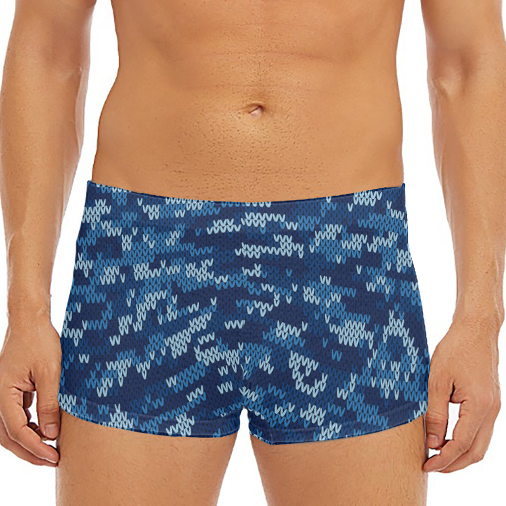 Blue Camouflage Knitted Pattern Print Men's Short Boxer Briefs