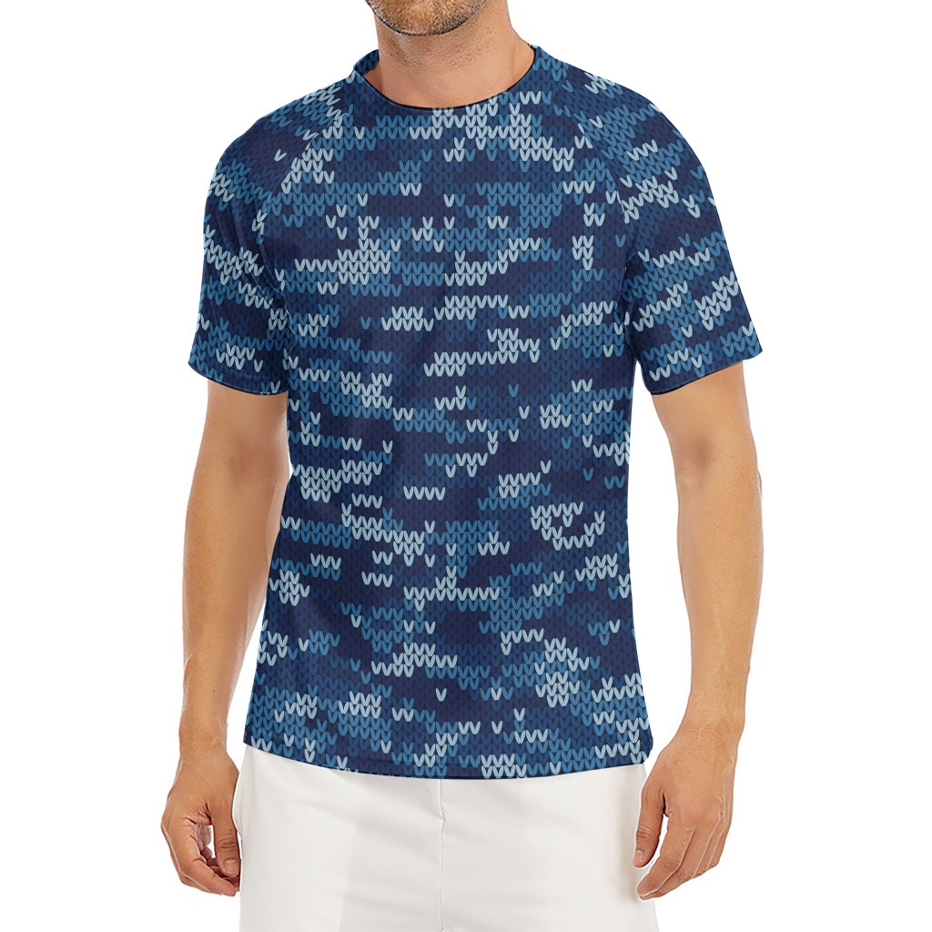 Blue Camouflage Knitted Pattern Print Men's Short Sleeve Rash Guard