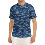 Blue Camouflage Knitted Pattern Print Men's Short Sleeve Rash Guard