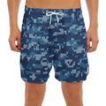 Blue Camouflage Knitted Pattern Print Men's Split Running Shorts