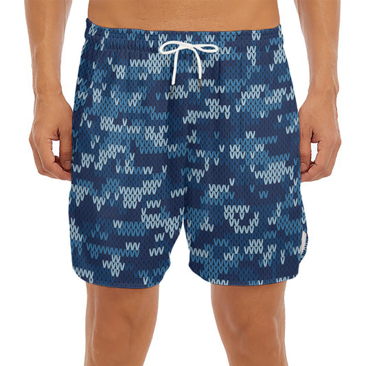 Blue Camouflage Knitted Pattern Print Men's Split Running Shorts