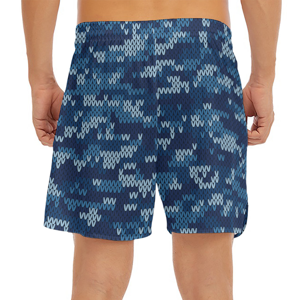 Blue Camouflage Knitted Pattern Print Men's Split Running Shorts
